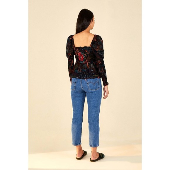 Farm Rio Black River Creatures Smocked Blouse X-Small - Picture 5 of 16